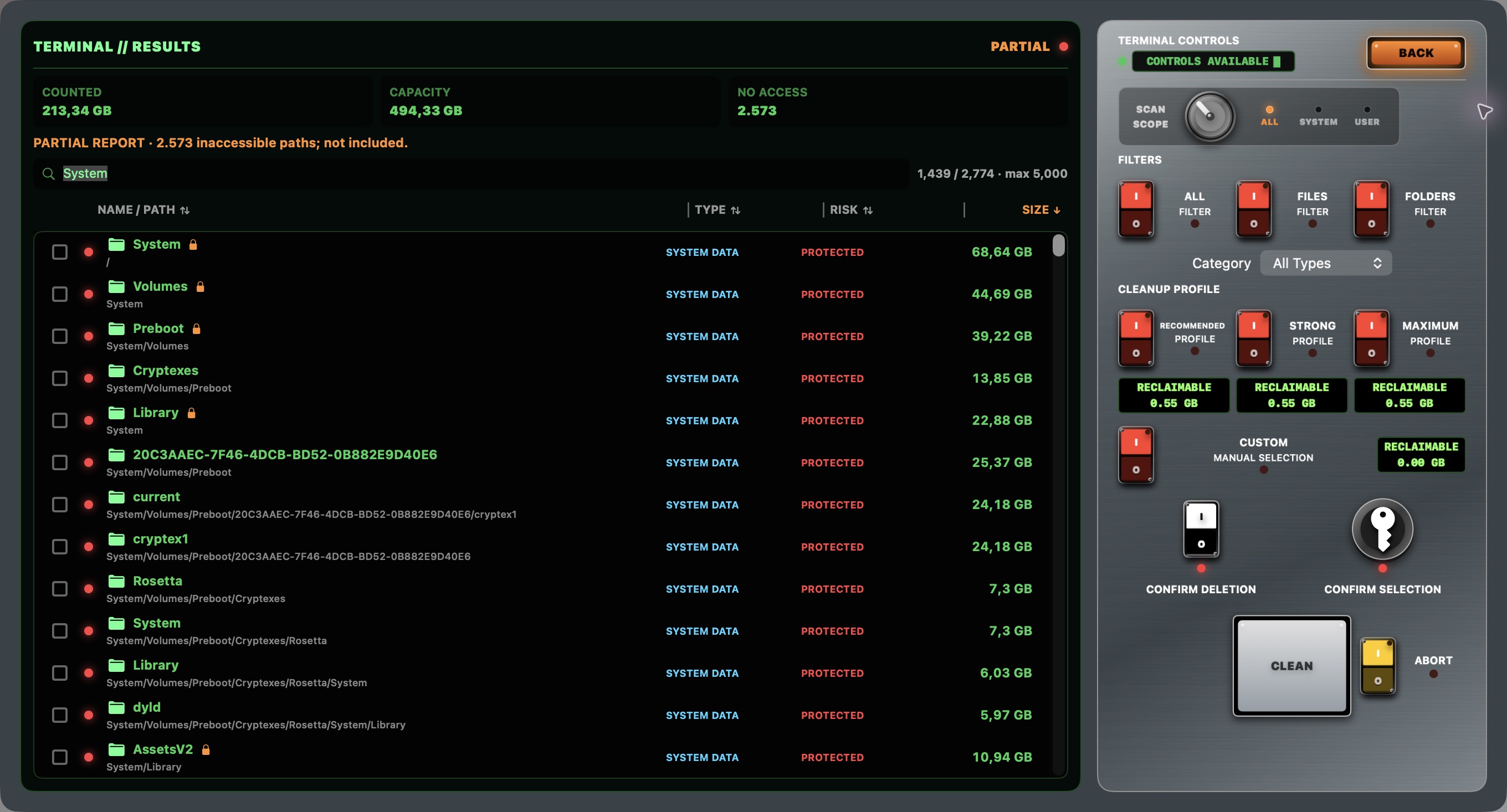 English Mac SpaceLens results filtered to System paths, showing file sizes and protected risk labels